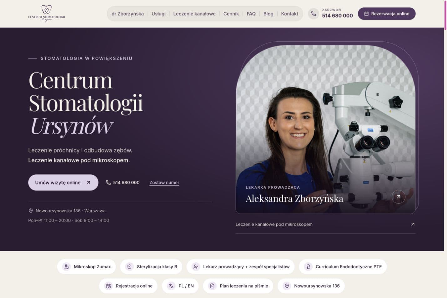 Stomatologia w Powiększeniu na komputerze: opis i kontakt obok portretu Aleksandry Zborzyńskiej przy mikroskopie