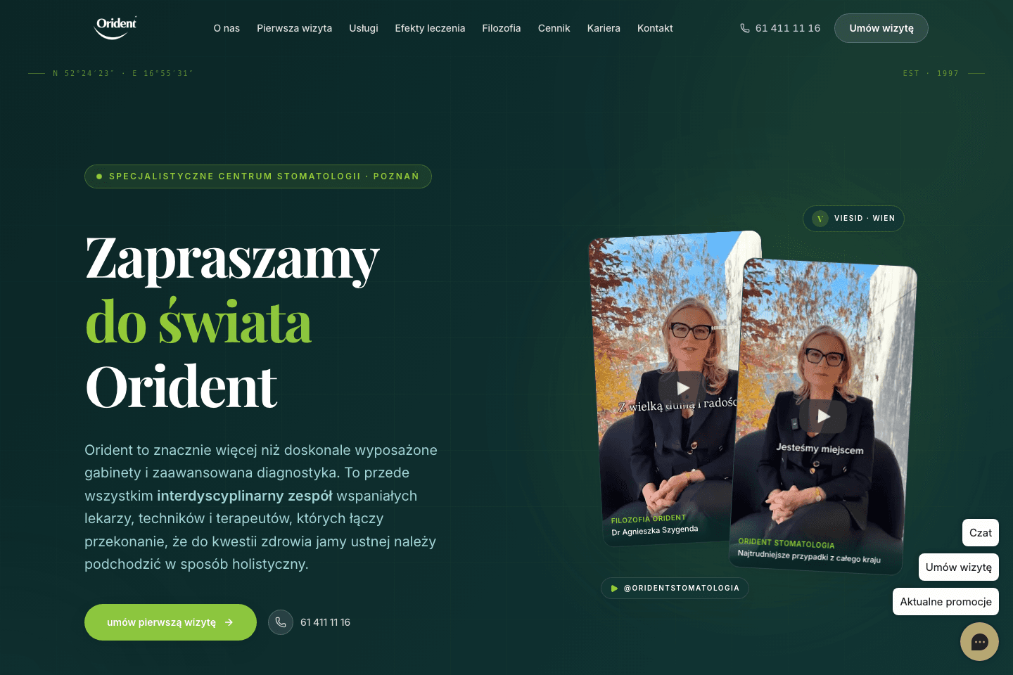 Strona Orident na komputerze: opis centrum i kontakt obok dwóch filmów dr Agnieszki Szygendy