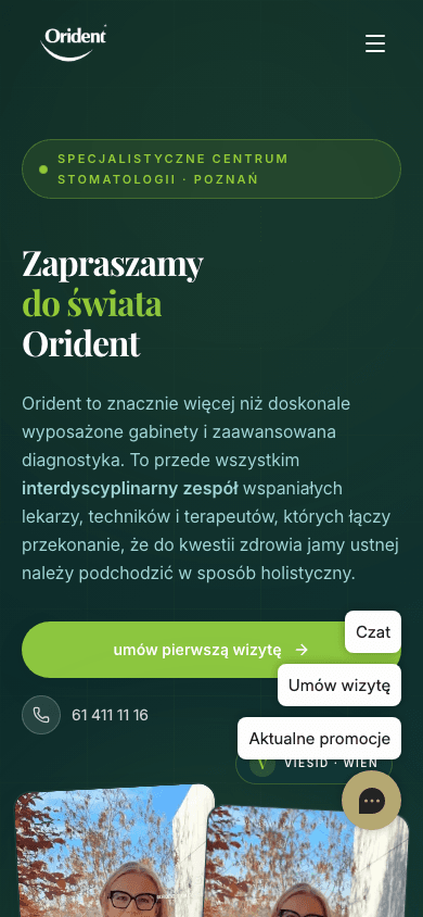 Strona Orident na telefonie: powitanie, opis kliniki i kontakt przed materiałami wideo