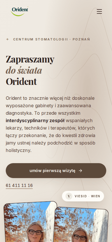 Strona Orident na telefonie: powitanie, opis kliniki i kontakt przed materiałami wideo