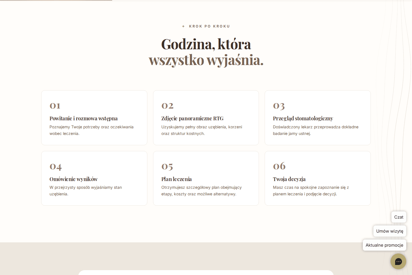 Podstrona pierwszej wizyty w Orident na komputerze: numerowane etapy spotkania w trzech kolumnach