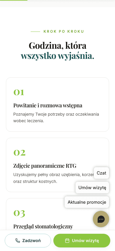 Podstrona pierwszej wizyty w Orident na telefonie: numerowane kroki ułożone w jednej kolumnie
