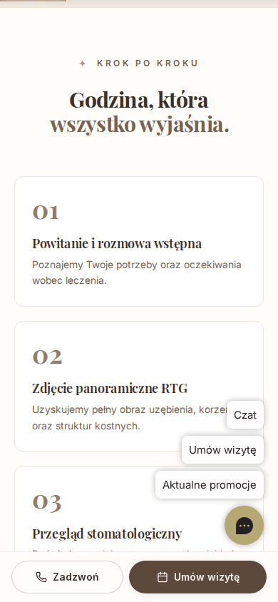 Podstrona pierwszej wizyty w Orident na telefonie: numerowane kroki ułożone w jednej kolumnie