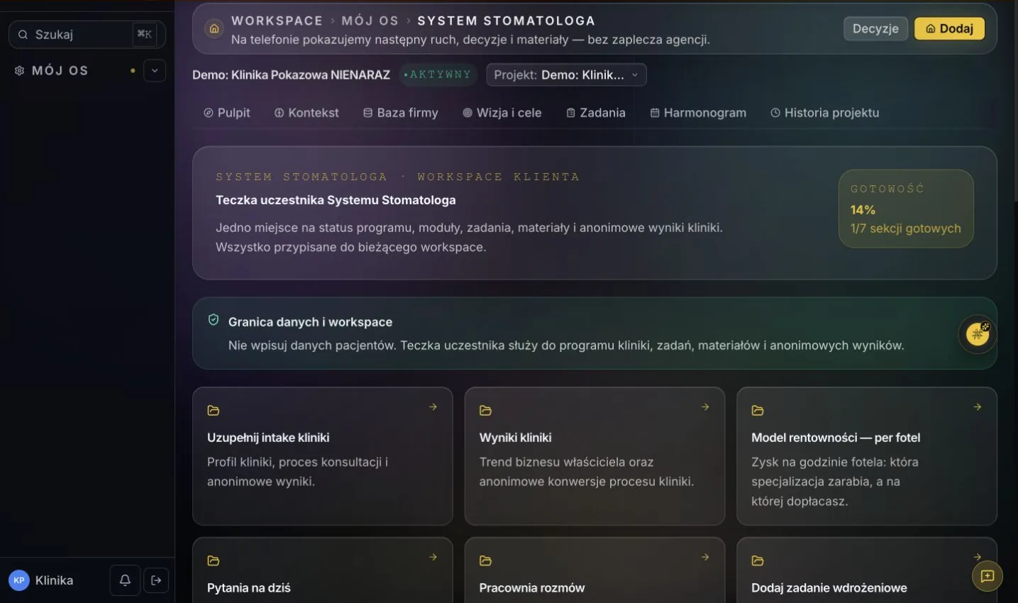 System Stomatologa w NIENARAZ OS z wynikami, zadaniami i materiałami kliniki