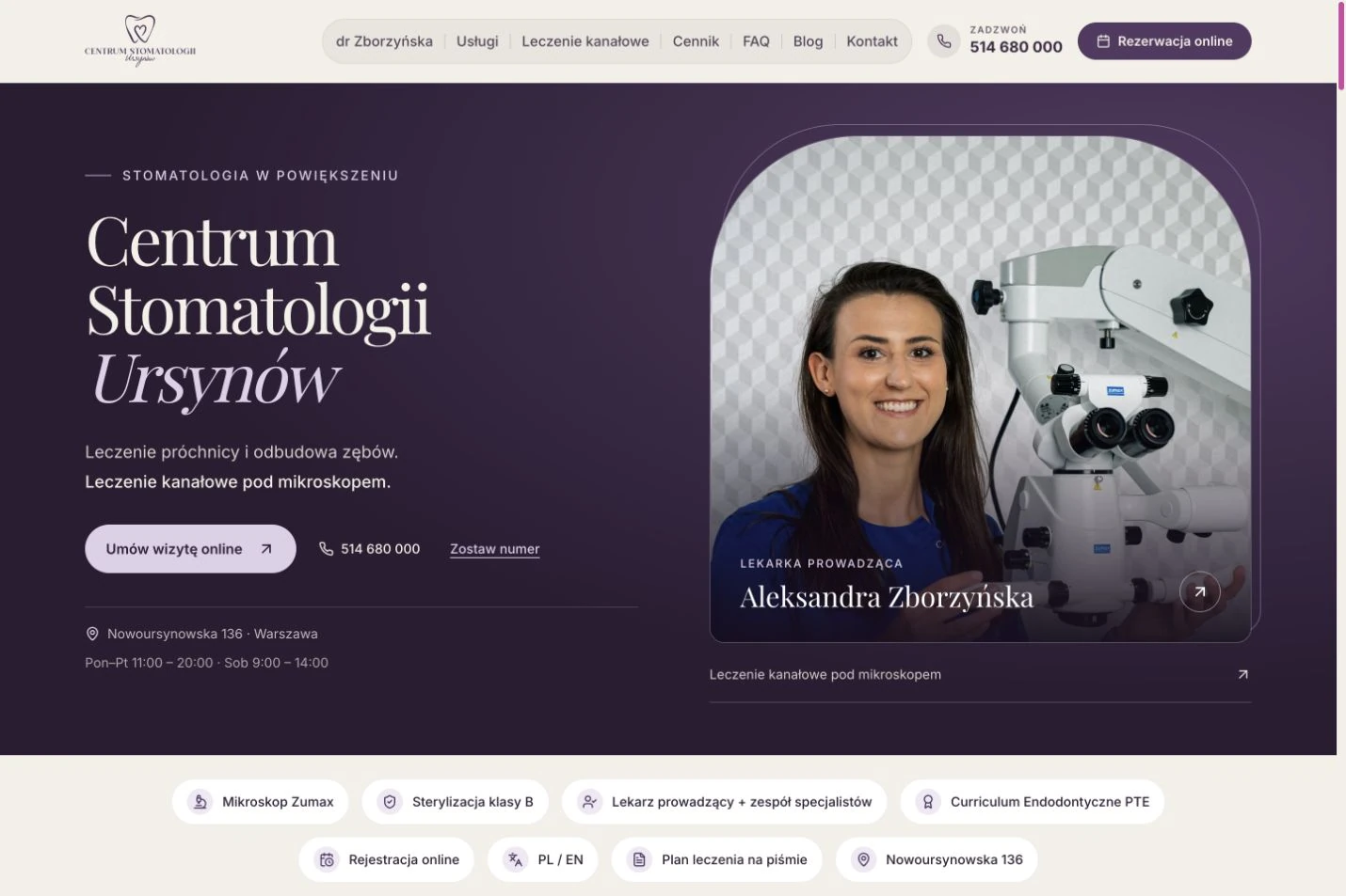 Stomatologia w Powiększeniu na komputerze: opis i kontakt obok portretu Aleksandry Zborzyńskiej przy mikroskopie
