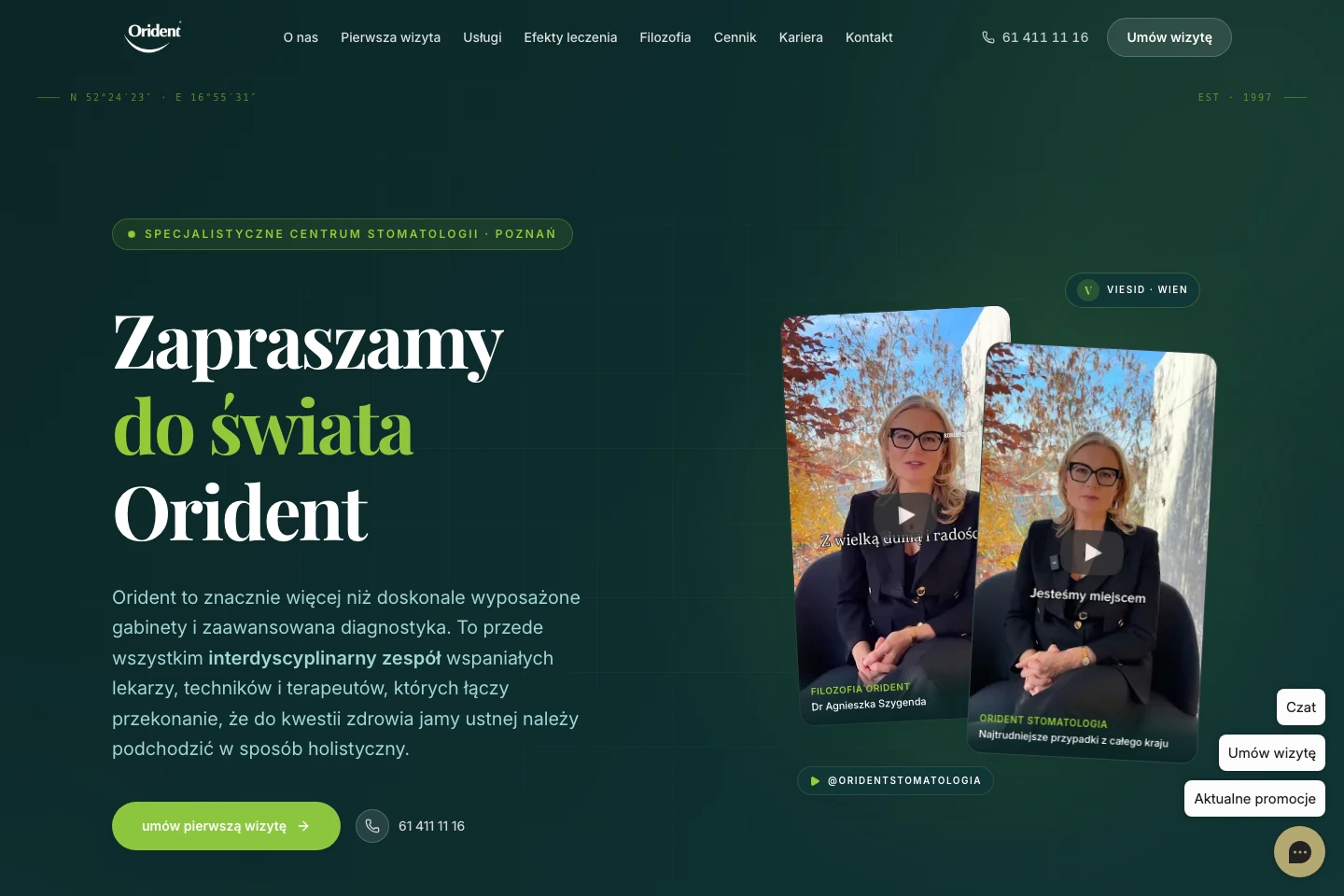 Strona Orident na komputerze: opis centrum i kontakt obok dwóch filmów dr Agnieszki Szygendy