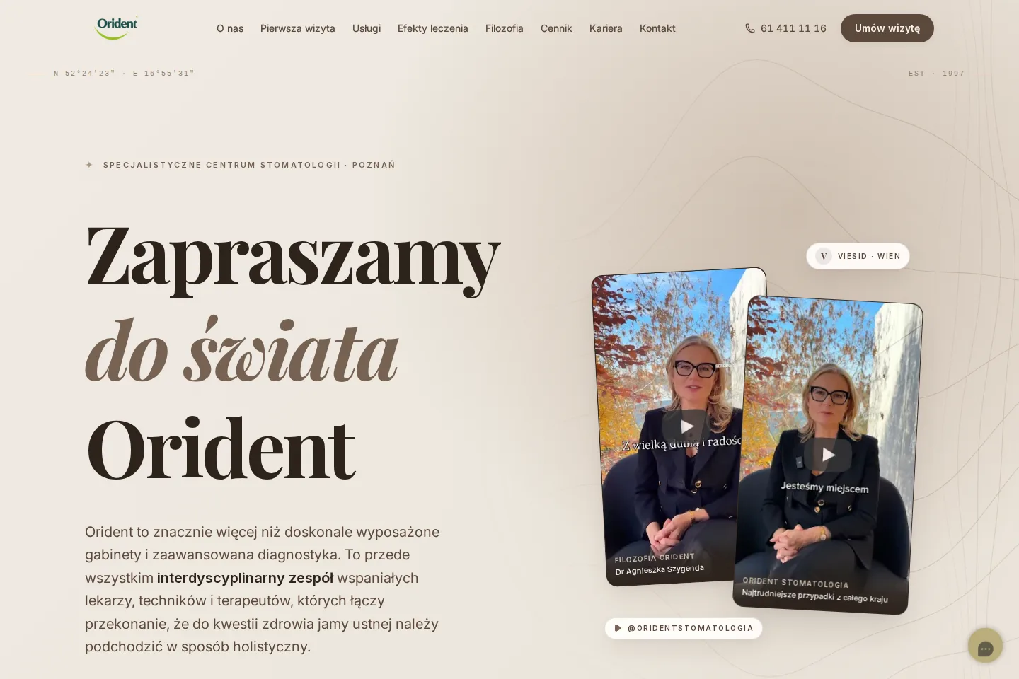 Strona Orident na komputerze: opis centrum i kontakt obok dwóch filmów dr Agnieszki Szygendy